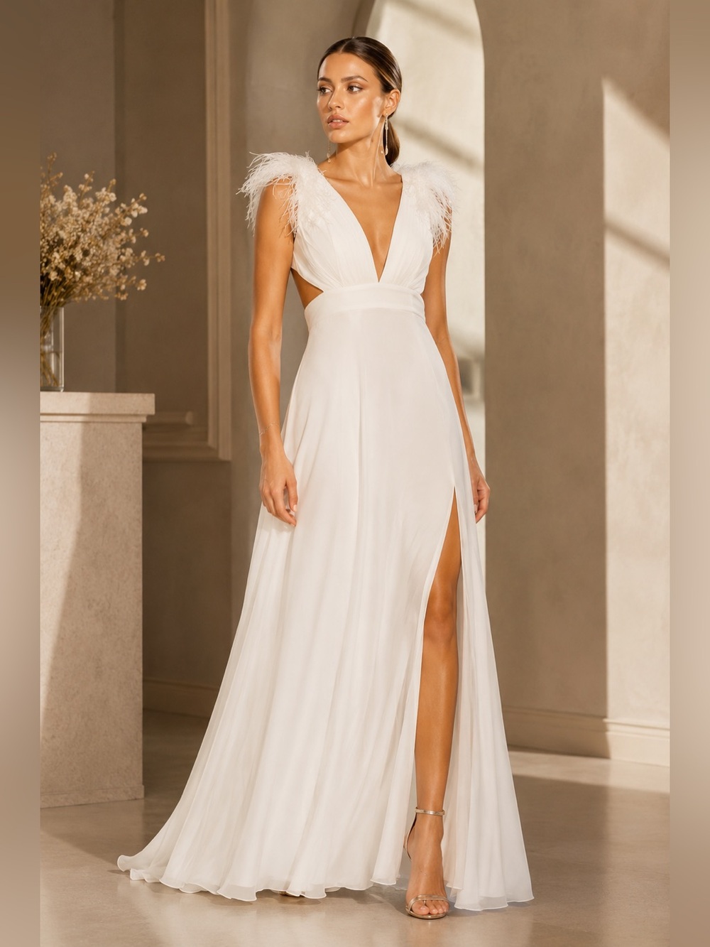 Mac Duggal White Feather-Trim Plunging V-Neck Maxi Gown